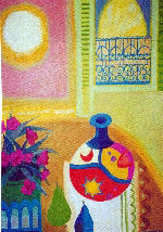 balcony with sun, flowers and fruit