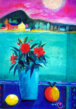 flower in vase with fruit in front of lake