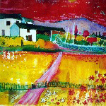 farmhouse with garden and yellow fields