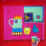 two mugs on pink and red background